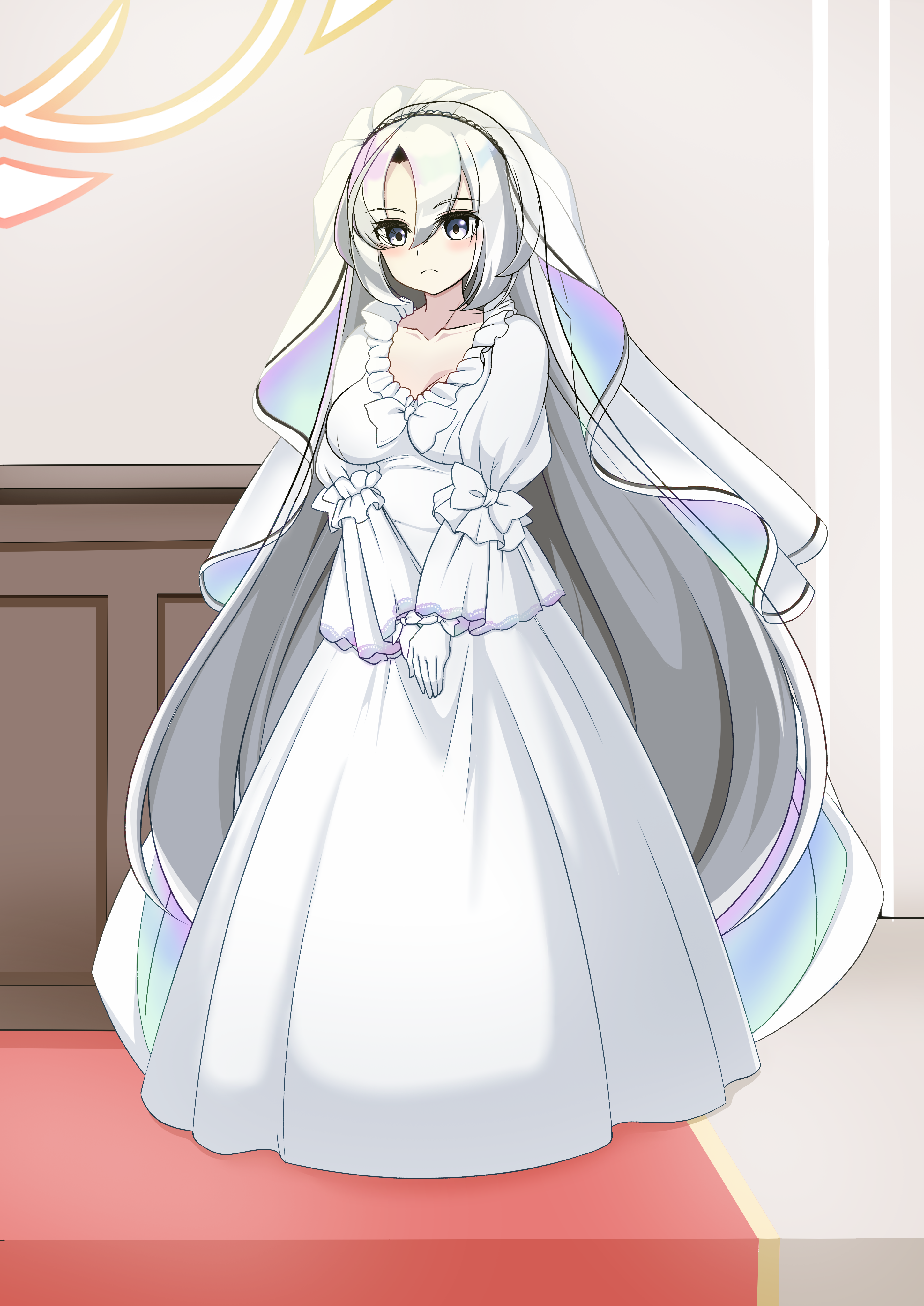 kanon (duel masters), duel masters, duel masters play's, absurdres, commission, highres, skeb commission, blush, breasts, cleavage, collarbone, dress, gloves, grey eyes, grey hair, light frown, long hair, looking at viewer, medium breasts, pvcw5482, very long hair, wedding dress, white dress, white gloves