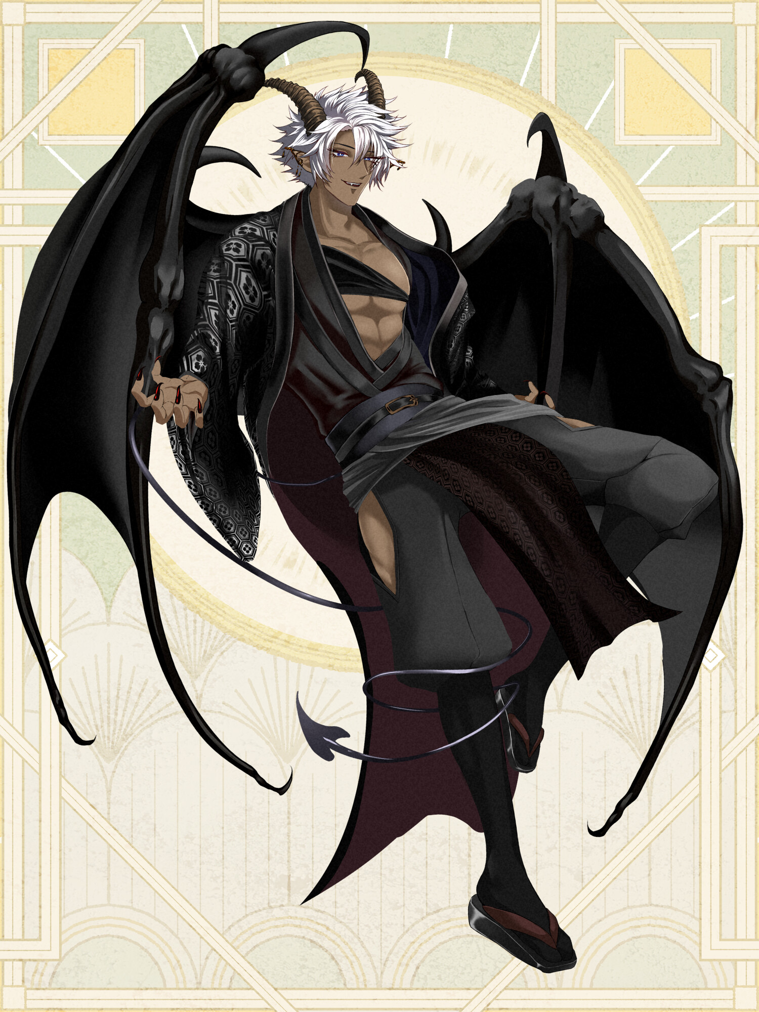 highres, 1boy, abs, black kimono, black nails, black shirt, black wings, blue eyes, boots, brown horns, crusade vistark, demon tail, demon wings, earrings, full body, holding, horns, japanese clothes, jewelry, kimono, male focus, matsukuro (daina), obi, open clothes, open shirt, pectorals, root eden, sandals, sash, shirt, short hair, tail, tail around own leg, white hair, wings