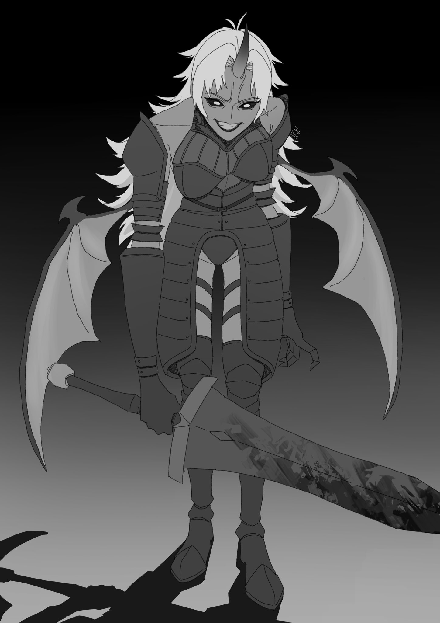 momogicimori, atoferatofe rybak, mushoku tensei, highres, 1girl, armor, bat wings, blood, bloody weapon, evil smile, greyscale, holding, holding sword, holding weapon, horns, huge weapon, long hair, looking at viewer, monochrome, shadow, single horn, smile, solo, solo focus, sword, weapon, white hair, wings