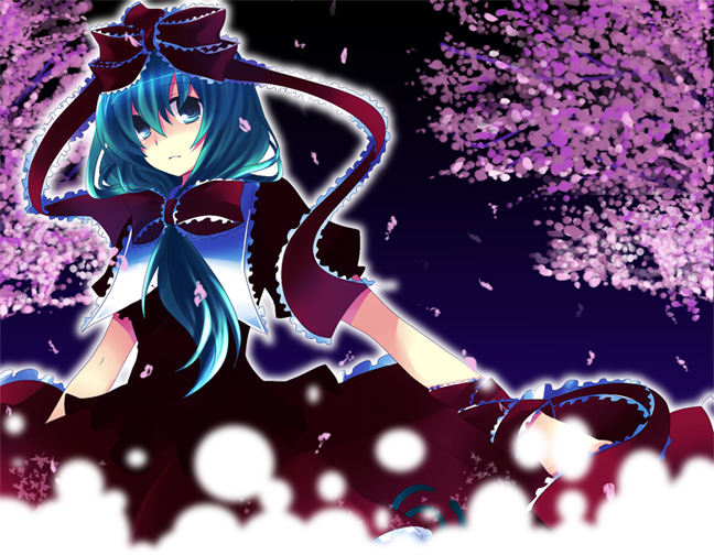kokoro na, kagiyama hina, touhou, bad id, bad pixiv id, 1girl, female focus, front ponytail, green eyes, green hair, long hair, matching hair/eyes, petals, ribbon, solo