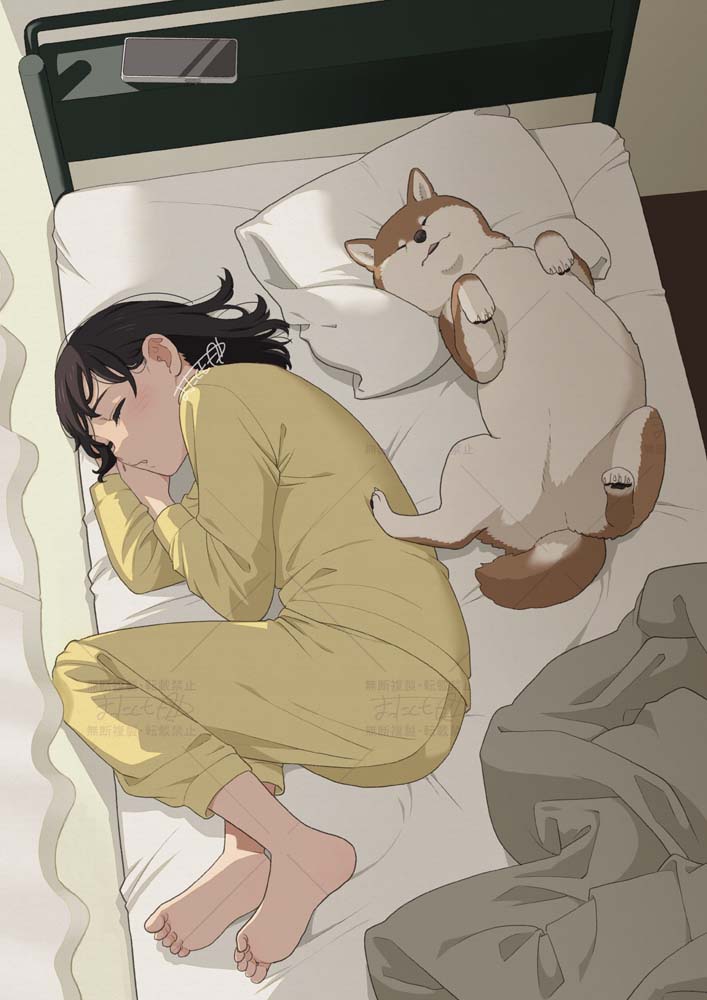 mattaku mousuke, original, 1girl, barefoot, bed sheet, black hair, cellphone, curtains, dog, feet, from above, full body, indoors, long sleeves, lying, medium hair, on bed, on side, pajamas, pants, phone, pillow, shiba inu, shirt, signature, sleeping, smartphone, soles, toes, watermark, yellow pajamas, yellow pants, yellow shirt