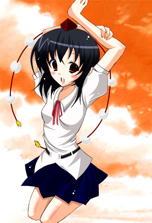 masani higeki, shameimaru aya, touhou, bad id, bad pixiv id, 1girl, arms behind head, arms up, black hair, blush, brown hair, expressionless, female focus, hat, looking at viewer, open mouth, ribbon, short hair, skirt, solo, tokin hat