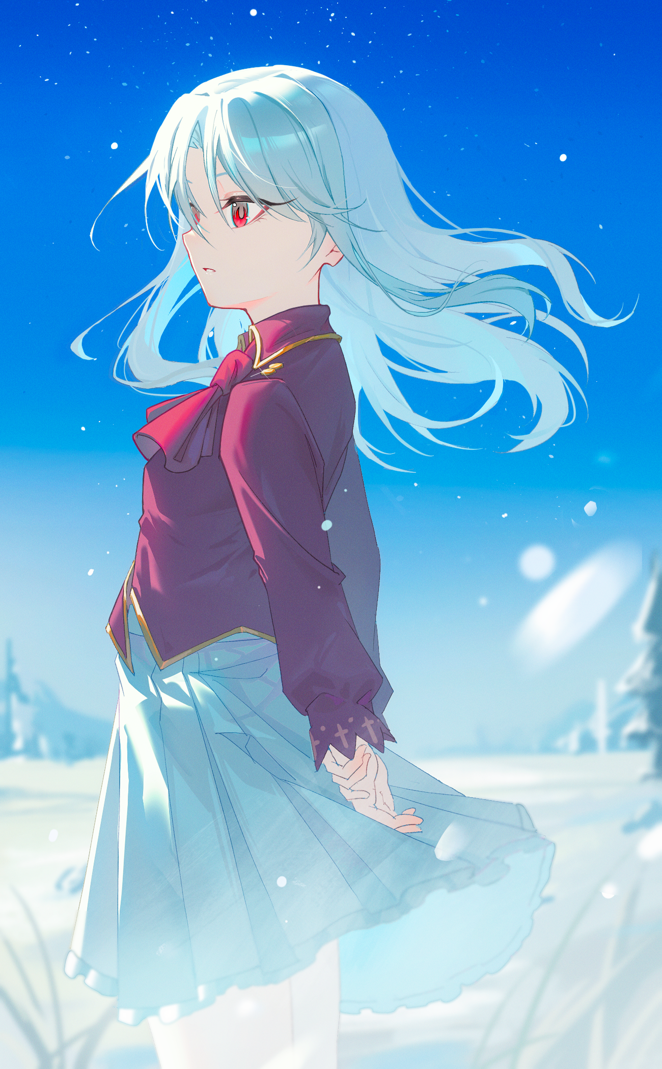 enoharatoki, illyasviel von einzbern, fate/hollow ataraxia, fate/stay night, fate (series), highres, 1girl, arms behind back, ascot, blue sky, blurry, collared shirt, cowboy shot, depth of field, from side, gold trim, hair between eyes, long hair, long sleeves, looking ahead, outdoors, parted lips, pleated skirt, purple ascot, purple shirt, red eyes, shirt, simple background, skirt, sky, snow, snowing, solo, standing, tree, white hair, white skirt