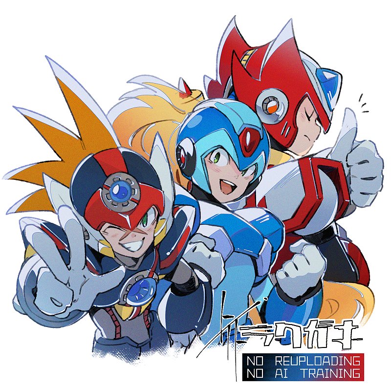 to i to io, axl (mega man), x (mega man), zero (mega man), mega man (series), mega man x (series), 3boys, armor, black armor, black helmet, blonde hair, blue armor, blue helmet, brown hair, chest jewel, forehead jewel, group picture, helmet, long hair, male focus, multiple boys, ponytail, red armor, red helmet, simple background, thumbs up, upper body, w, watermark