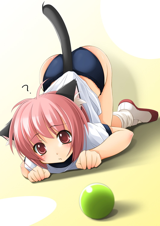 shibacha, 1girl, ?, ahoge, all fours, animal ear fluff, animal ears, bent over, blush, buruma, cat ears, cat tail, female focus, gym uniform, pink hair, plantar flexion, shoes, socks, solo, tail, uwabaki, yellow background
