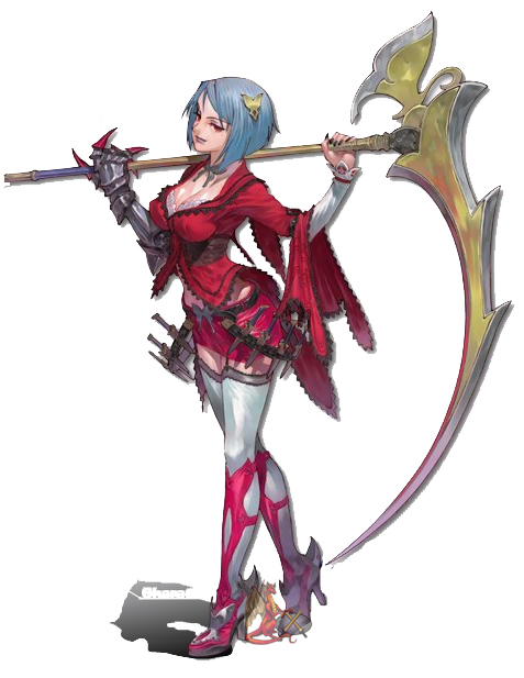 violetta, violetta (grandia), game arts, grandia, grandia iii, 1girl, blue hair, female focus, high heels, red eyes, scythe, shoes, short hair, solo, weapon