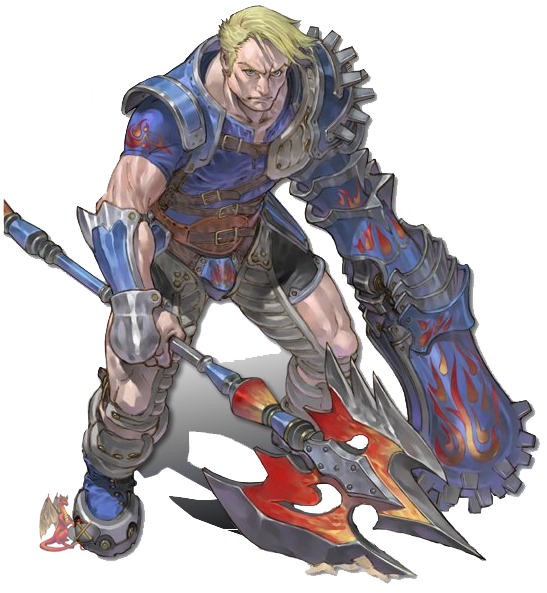 kornell, kornell (grandia), game arts, grandia, grandia iii, official art, 1boy, axe, blonde hair, male focus, solo, warrior, weapon, white background