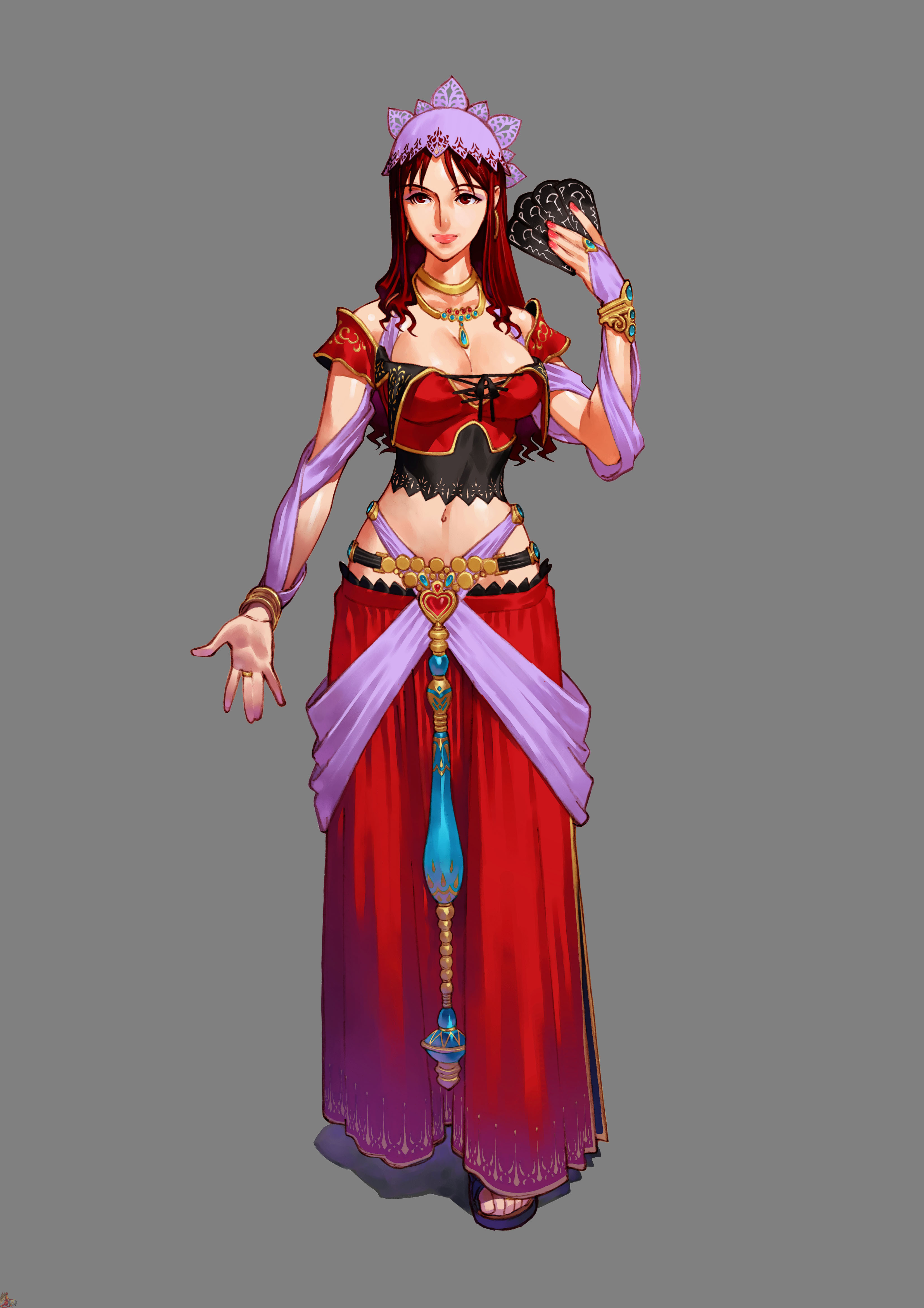 yoshinari you, dahna, dahna (grandia), game arts, grandia, grandia iii, absurdres, highres, official art, 1girl, breasts, card, cleavage, corset, female focus, grey background, gypsy, hat, heart, holding, holding card, jewelry, long hair, lowleg, midriff, necklace, red eyes, red hair, simple background, solo, walking