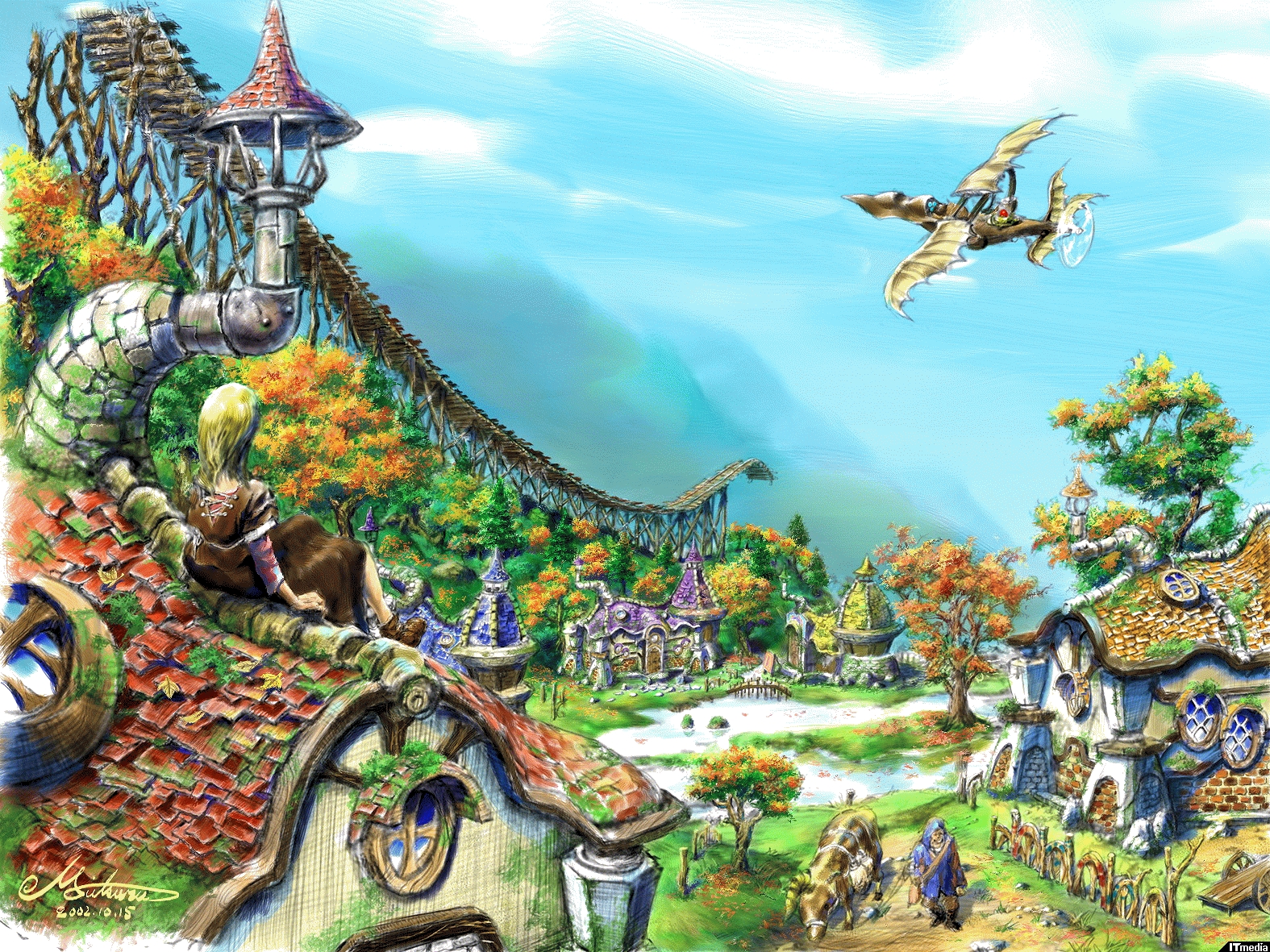 game arts, grandia, grandia iii, official art, 00s, 1boy, 1girl, 2002, aircraft, airplane, airship, animal, autumn leaves, blonde hair, blue sky, blurry, blurry background, brick, brick wall, bridge, building, chimney, cloud, cow, dated, day, fantasy, field, horns, house, ivy, landscape, leaf, mountain, outdoors, plant, pond, railroad tracks, river, scenery, signature, sitting, sky, tile roof, town, tree, village, water