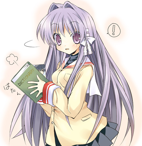 paco, fujibayashi kyou, okazaki tomoya, clannad, !, 00s, 1girl, blush, book, female focus, hair intakes, hair ribbon, photo (object), purple eyes, purple hair, ribbon, school uniform, serafuku, solo