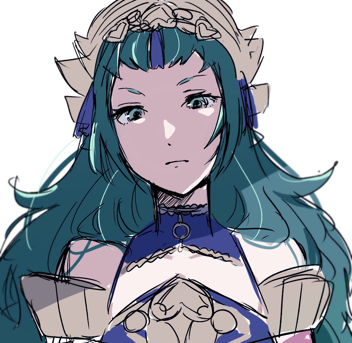 gmais2514, sothis (adult) (fire emblem), sothis (fire emblem), fire emblem, fire emblem: fortune's weave, nintendo, 1girl, breasts, closed mouth, dress, green eyes, green hair, hair ornament, headpiece, long hair, looking at viewer, pointy ears, purple dress, simple background, solo, tassel, tassel hair ornament, tiara, upper body, white background