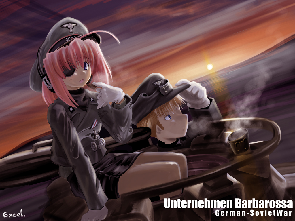 excel (gewalt), bauer, original, 1boy, 1girl, ahoge, cross, eyepatch, gloves, hat, headphones, iron cross, military, military uniform, peaked cap, pink hair, sunset, world war ii