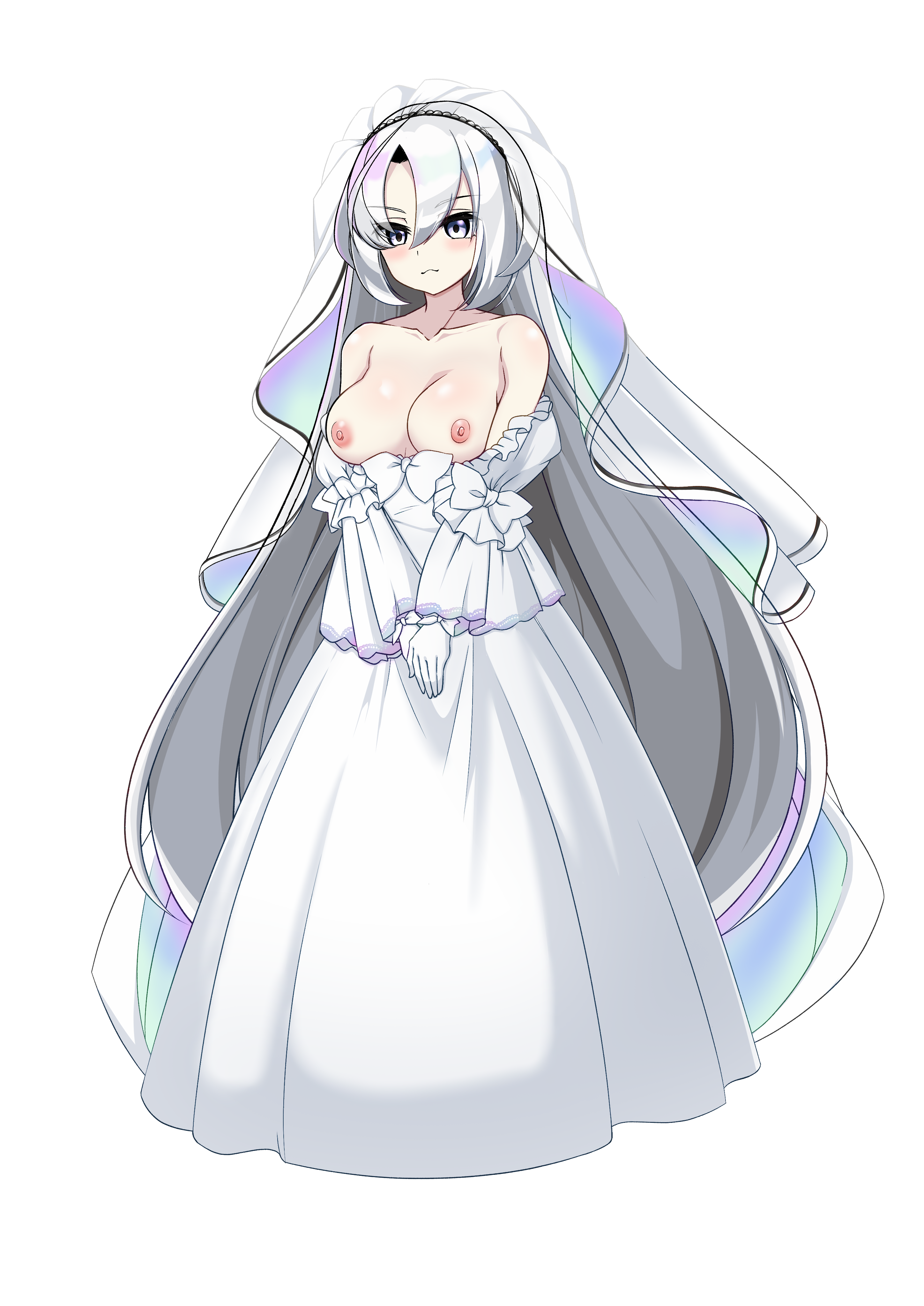 kanon (duel masters), duel masters, duel masters play's, absurdres, commission, highres, skeb commission, blush, breasts, breasts out, cleavage, collarbone, dress, gloves, grey eyes, grey hair, long hair, looking at viewer, medium breasts, pvcw5482, transparent background, very long hair, wedding dress, white dress, white gloves