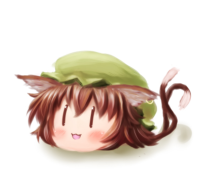 scarlet (studioscr), chen, touhou, bad id, bad pixiv id, lowres, :3, animal ears, blush, brown eyes, brown hair, cat ears, cat tail, earrings, female focus, hat, jewelry, mob cap, multiple tails, no humans, open mouth, simple background, single earring, solo, tail, yukkuri shiteitte ne, | |
