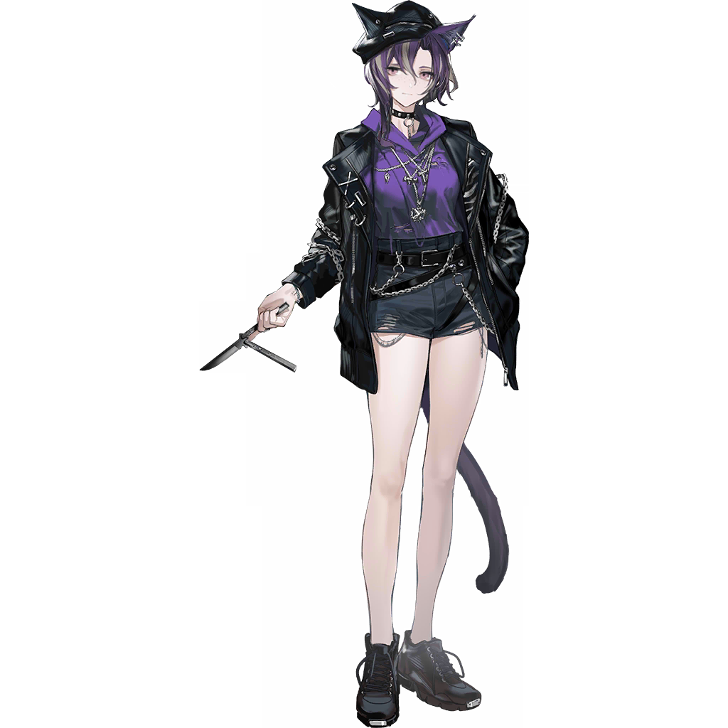 cenm0, arknights, official art, third-party source, 1girl, animal ears, baird (arknights), balisong, belt, black belt, black choker, black hat, black jacket, black shoes, choker, closed mouth, freckles, full body, grey hair, hand in pocket, hat, holding, holding knife, hood, hood down, hoodie, jacket, jacket over hoodie, jewelry, knife, looking at viewer, multicolored hair, pendant, purple hair, purple hoodie, shoes, shorts, simple background, single sidelock, sneakers, solo, standing, streaked hair, tachi-e, tail, transparent background, two-tone hair