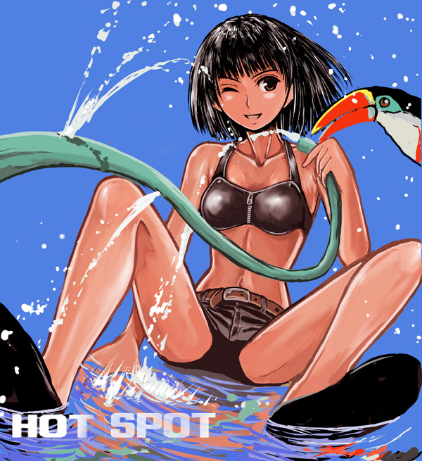 komusou (komusou1), nijou noriko, maria-sama ga miteru, 00s, 1girl, ;d, beak, belt, bird, black hair, buckle, collarbone, dark-skinned female, dark skin, female focus, looking at viewer, midriff, one eye closed, open mouth, red eyes, shoe soles, short hair, short shorts, shorts, sitting, slippers, smile, solo, water