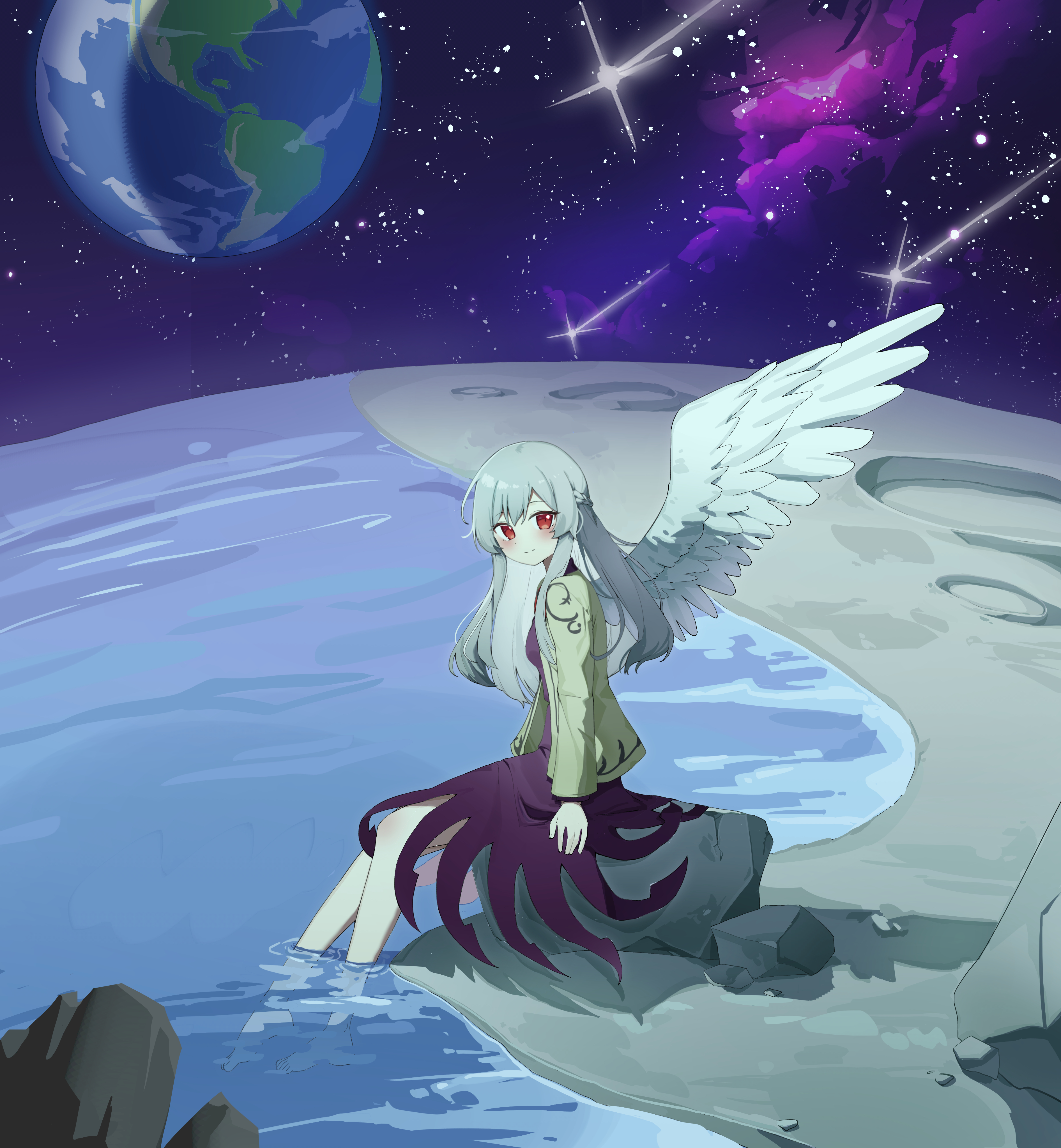 kitahara (pixiv 19528441), kishin sagume, touhou, absurdres, commentary request, highres, 1girl, alternate hair length, alternate hairstyle, angel wings, braid, breasts, dress, earth (planet), feathered wings, grey hair, half up braid, jacket, long hair, long sleeves, looking at viewer, on moon, open clothes, open jacket, planet, purple dress, red eyes, single wing, sitting, smile, soaking feet, solo, star (sky), water, white wings, wings