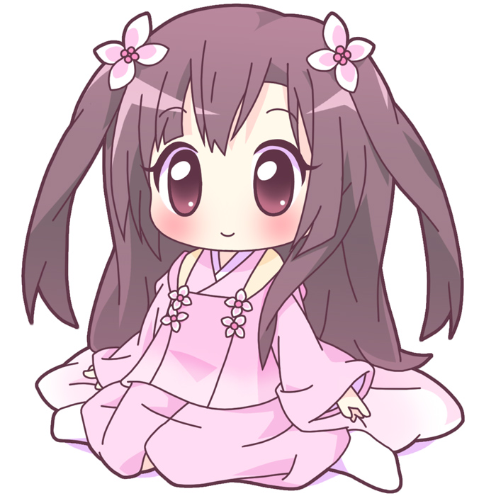 mirai (sugar), kuhouin murasaki, kure-nai, kurenai, 00s, 1girl, blush, brown hair, chibi, female focus, flower, full body, japanese clothes, kimono, long hair, long sleeves, red eyes, simple background, sitting, smile, socks, solo, twintails, very long hair, wariza, white background, white socks
