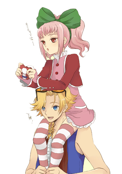 plum (arch), anya alstreim, gino weinberg, code geass, 00s, 1boy, 1girl, carrying, piggyback, pink hair, red eyes, shoulder carry, striped clothes, striped thighhighs, thighhighs, zettai ryouiki