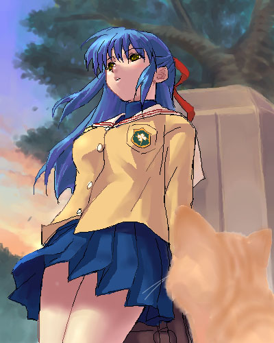 zen, sagara misae, clannad, lowres, 00s, blue hair, cat, school uniform, serafuku, solo
