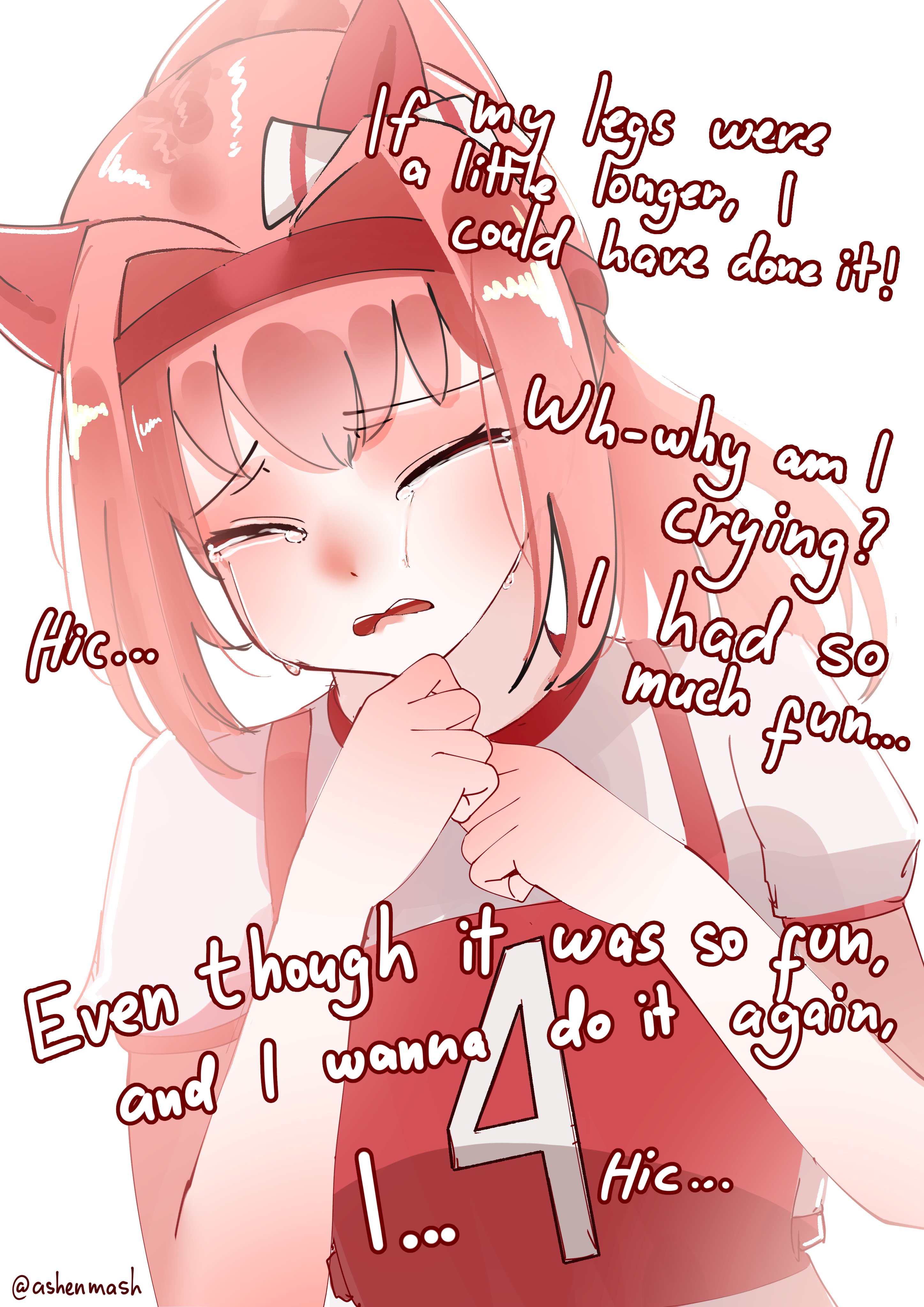 ashenmash, haru urara (bestest prize) (umamusume), haru urara (umamusume), umamusume, absurdres, highres, 1girl, animal ears, blush, bow, closed eyes, crying, ear bow, ear covers, english text, hairband, headband, horse ears, horse girl, long hair, open mouth, pink hair, pink headband, ponytail, race bib, red headband, shirt, simple background, solo, tears, upper body, white shirt