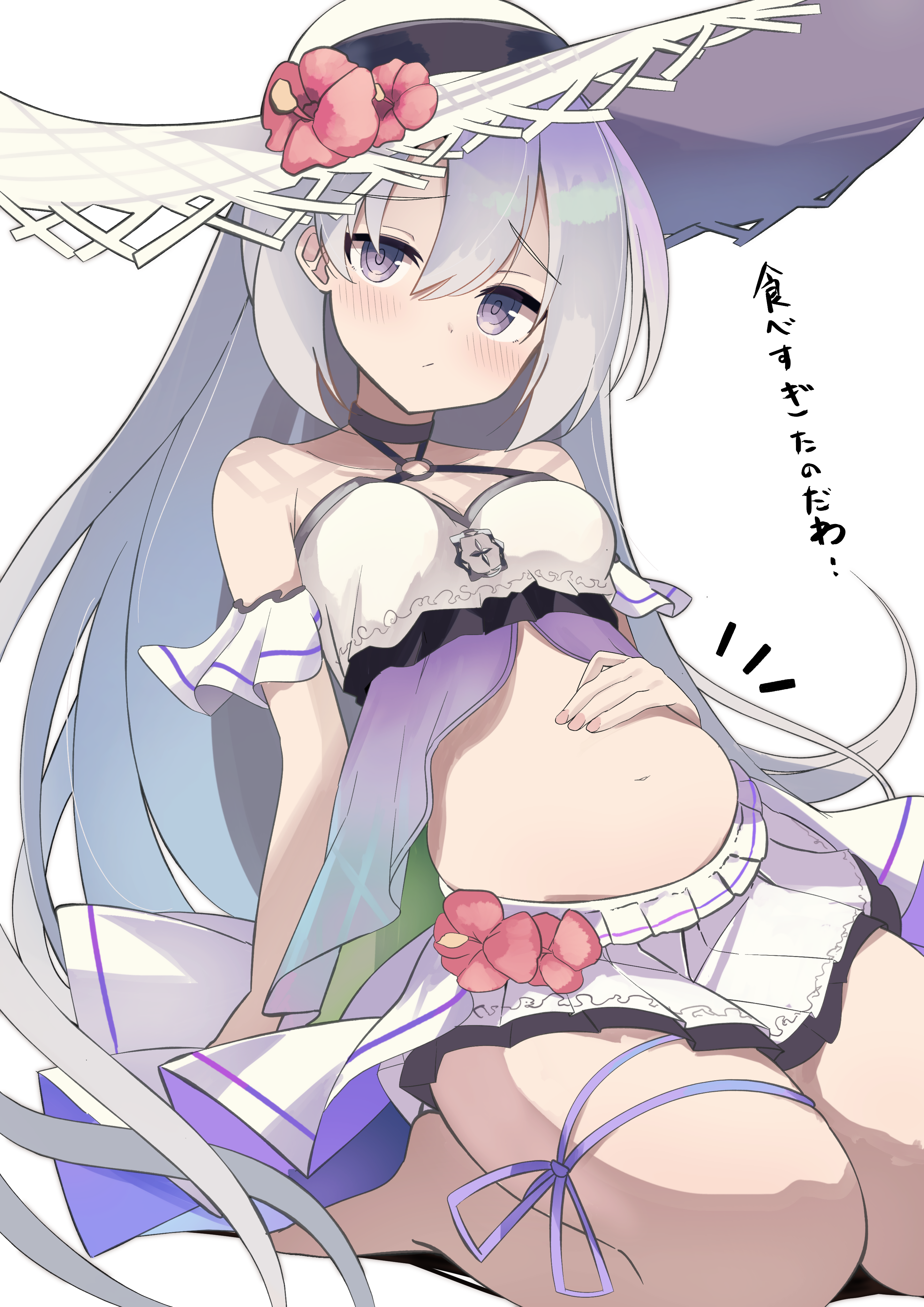 koshian (taiyaki), kanon (duel masters), duel masters, duel masters play's, absurdres, highres, big belly, blush, breasts, collarbone, dress, grey eyes, grey hair, hat, kanon (white wave) (duel masters), long hair, looking at viewer, medium breasts, miniskirt, navel, skirt, straw hat, transparent background, very long hair, white hat, white skirt