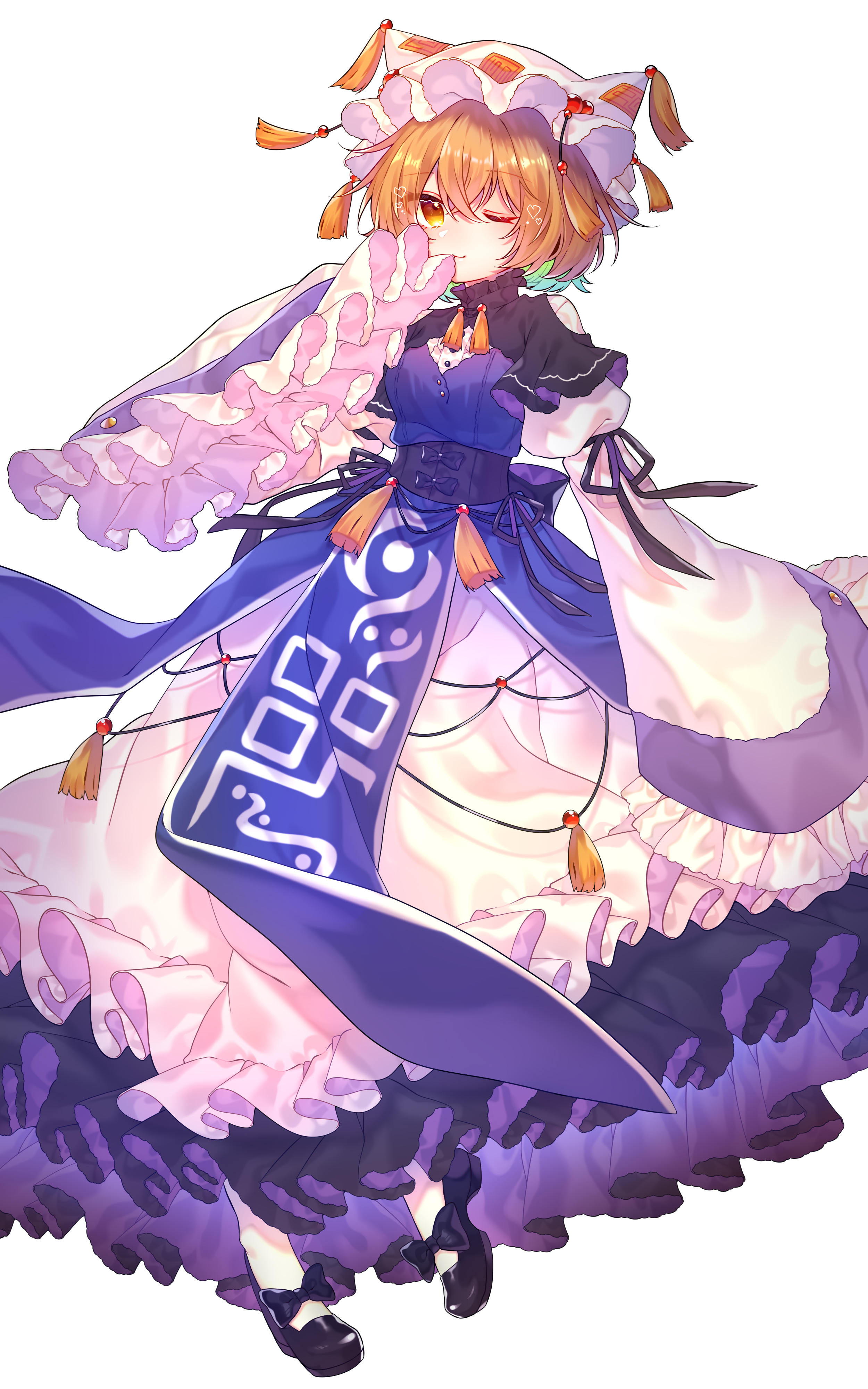 renka (sutegoma25), yakumo ran, touhou, absurdres, commentary request, highres, 1girl, adapted costume, animal hat, black corset, black shoes, blonde hair, corset, dress, frilled sleeves, frills, hat, heart, layered dress, long sleeves, looking at viewer, medium hair, mob cap, one eye closed, purple dress, shoes, simple background, sleeves past fingers, sleeves past wrists, solo, tassel, white background, white dress, wide sleeves, yellow eyes