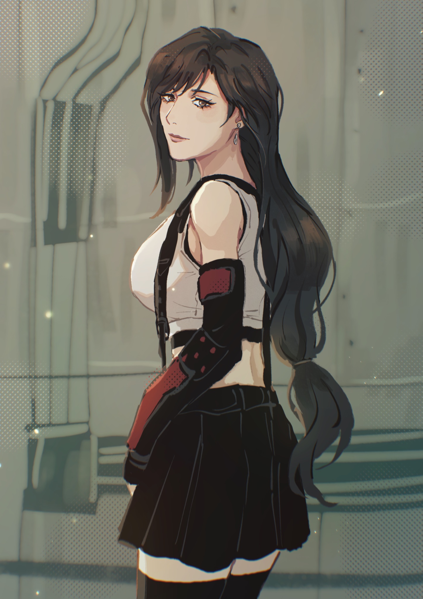 tifa lockhart, final fantasy, final fantasy vii, final fantasy vii remake, commentary, highres, 1girl, bare shoulders, black gloves, black hair, black skirt, black thighhighs, breasts, closed mouth, cowboy shot, crop top, earrings, elbow gloves, fingerless gloves, from behind, from side, gloves, jewelry, large breasts, lips, long hair, looking at viewer, low-tied long hair, pink lips, ray (r520135), single arm guard, single earring, skirt, solo, suspender skirt, suspenders, swept bangs, tank top, thighhighs, white tank top, zettai ryouiki