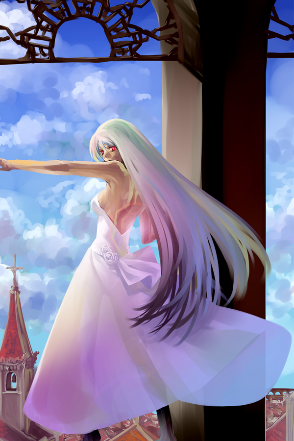 ikuhana niiro, silver hair, bad id, bad pixiv id, 1girl, cityscape, cloud, day, dress, female focus, iku hananiiro, multicolored hair, red eyes, scenery, see-through clothes, sky, solo