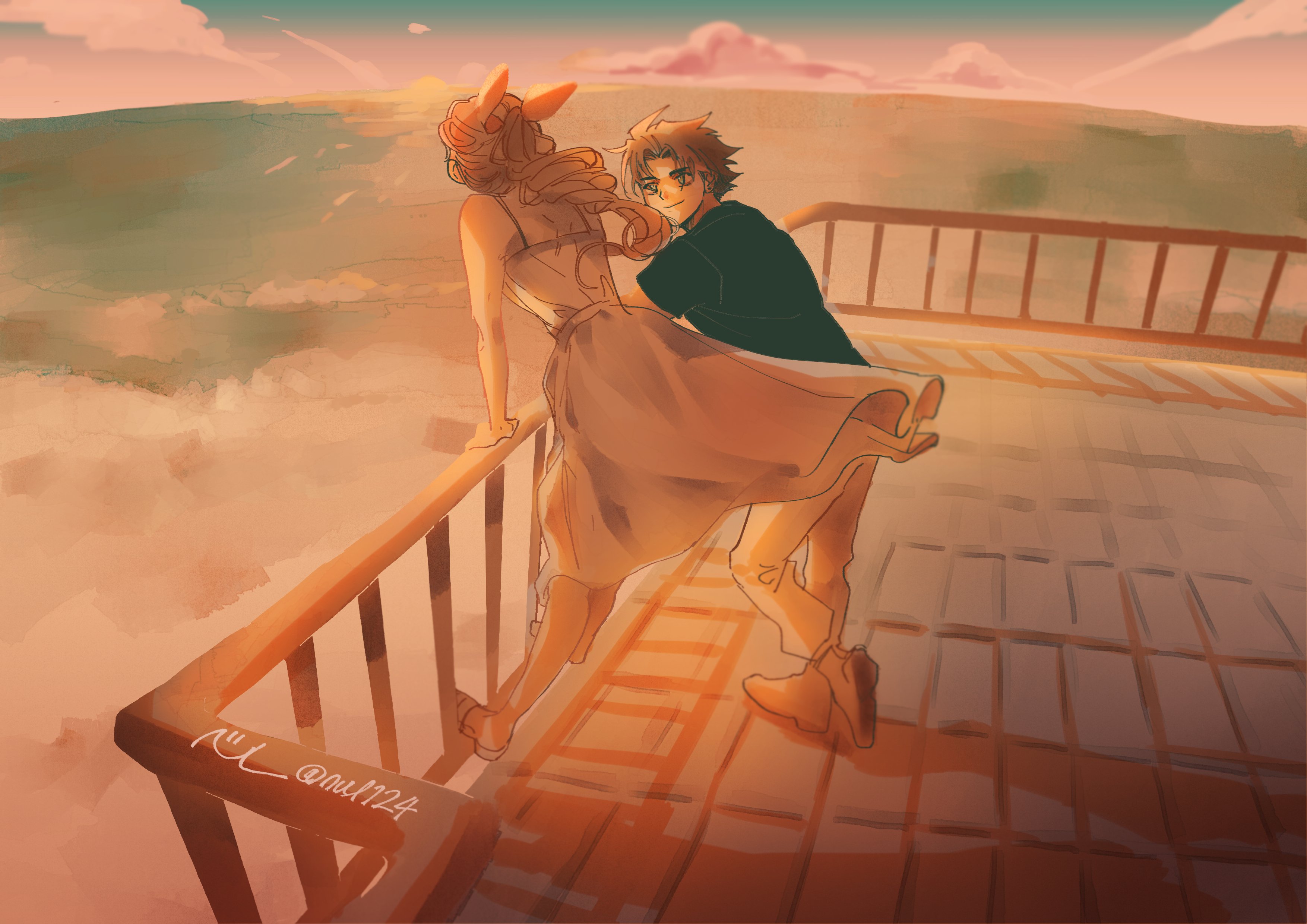 nul, aerith gainsborough, zack fair, crisis core final fantasy vii, final fantasy, final fantasy vii, absurdres, highres, 1boy, 1girl, arm support, bare shoulders, black hair, black shirt, blue eyes, blue sky, brown hair, cloud, cloudy sky, dress, full body, hair ribbon, horizon, long hair, looking at another, ocean, outdoors, pants, pink ribbon, ribbon, sandals, scenery, shirt, sky, smile, spaghetti strap, spiked hair, twitter username, white dress