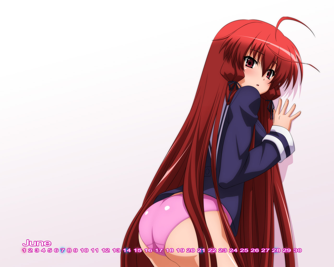 sugimura tomokazu, himuro akari, night wizard, 00s, 1girl, against wall, ahoge, ass, calendar, female focus, from behind, long hair, looking at viewer, looking back, no pants, panties, pink panties, red eyes, red hair, school uniform, serafuku, solo, underwear, very long hair