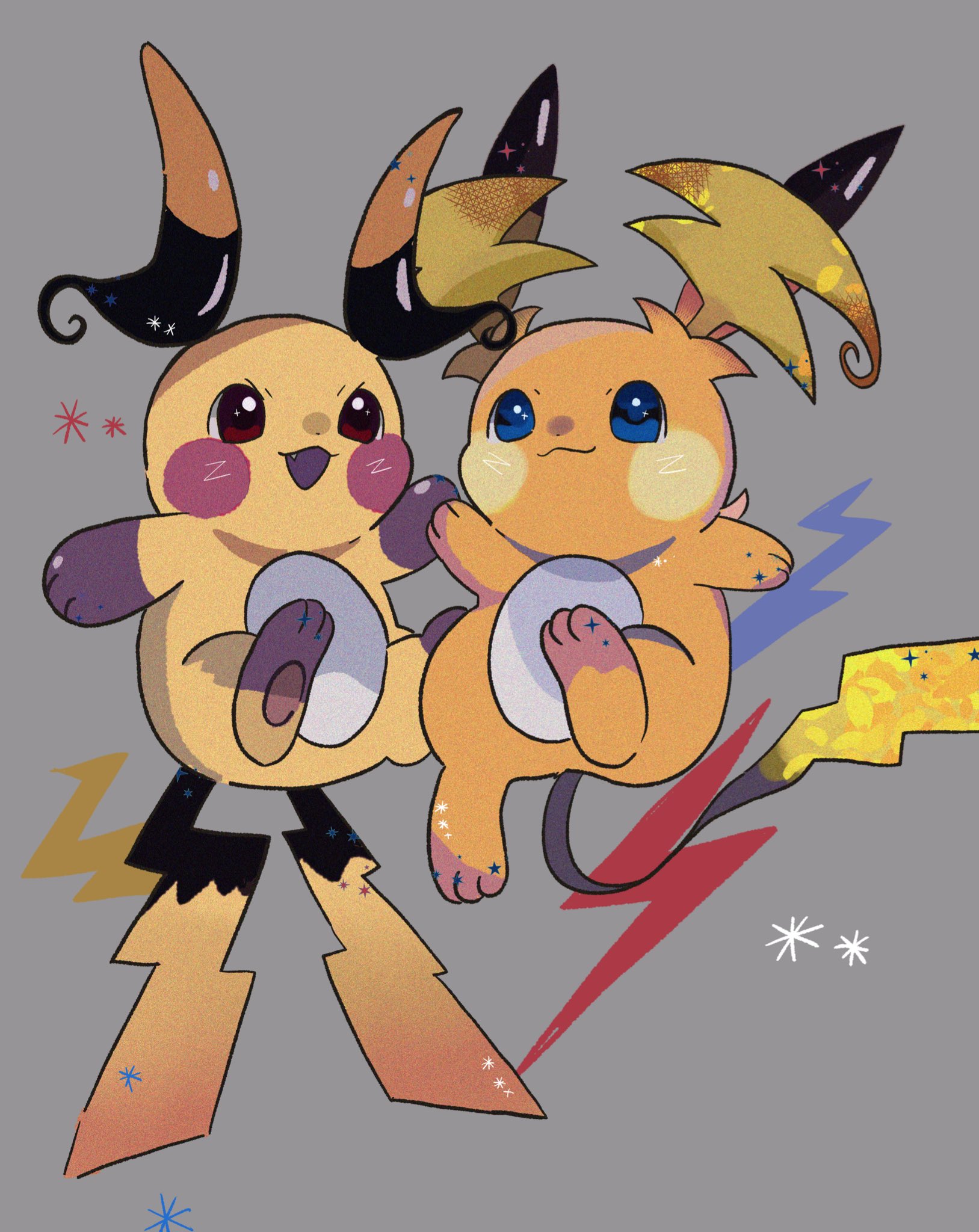 mendako (tyatyaumai29), mega raichu x, mega raichu y, raichu, nintendo, pokemon, pokemon legends: z-a, highres, blue eyes, brown eyes, closed mouth, fang, gen 1 pokemon, lightning bolt symbol, mega pokemon, no humans, open mouth, orange fur, pokemon (creature), pokemon focus, red eyes, smile, tail, yellow fur
