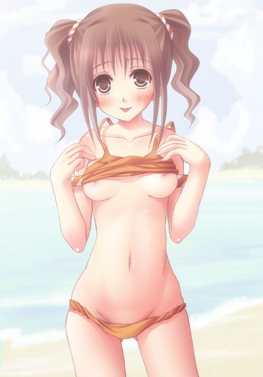 kago no tori, takatsuki yayoi, idolmaster, idolmaster (classic), idolmaster 1, 00s, 1girl, bikini, breasts, brown eyes, brown hair, female focus, nipples, solo, swimsuit, tankini, tongue, twintails