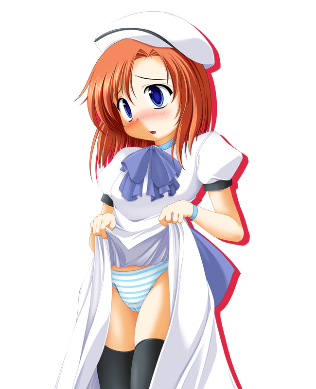 flourite, fluorite, ryuuguu rena, higurashi no naku koro ni, 00s, 1girl, beret, black thighhighs, blue bow, blue eyes, blush, bow, clothes lift, dress, dress lift, embarrassed, female focus, hat, open mouth, orange hair, panties, puffy sleeves, short sleeves, solo, striped clothes, striped panties, thighhighs, underwear, white background, white dress, white hat, white panties