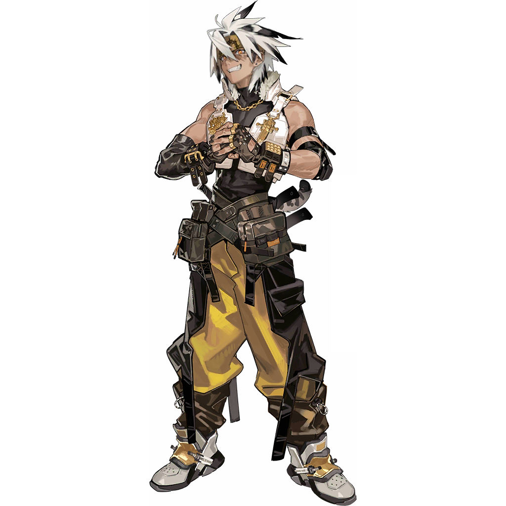 scorpion5050, arknights, official art, third-party source, 1boy, asymmetrical gloves, belt pouch, black hair, black nails, black shirt, cador (arknights), elbow gloves, fingerless gloves, full body, gloves, grin, headband, looking at viewer, male focus, multicolored hair, nail polish, orange eyes, own hands together, pants, pouch, shirt, shoes, simple background, single elbow glove, sleeveless, sleeveless shirt, smile, solo, spiked hair, standing, tachi-e, tan, transparent background, turtleneck, turtleneck shirt, two-tone hair, undershirt, uneven gloves, white hair, white shoes, yellow headband, yellow pants
