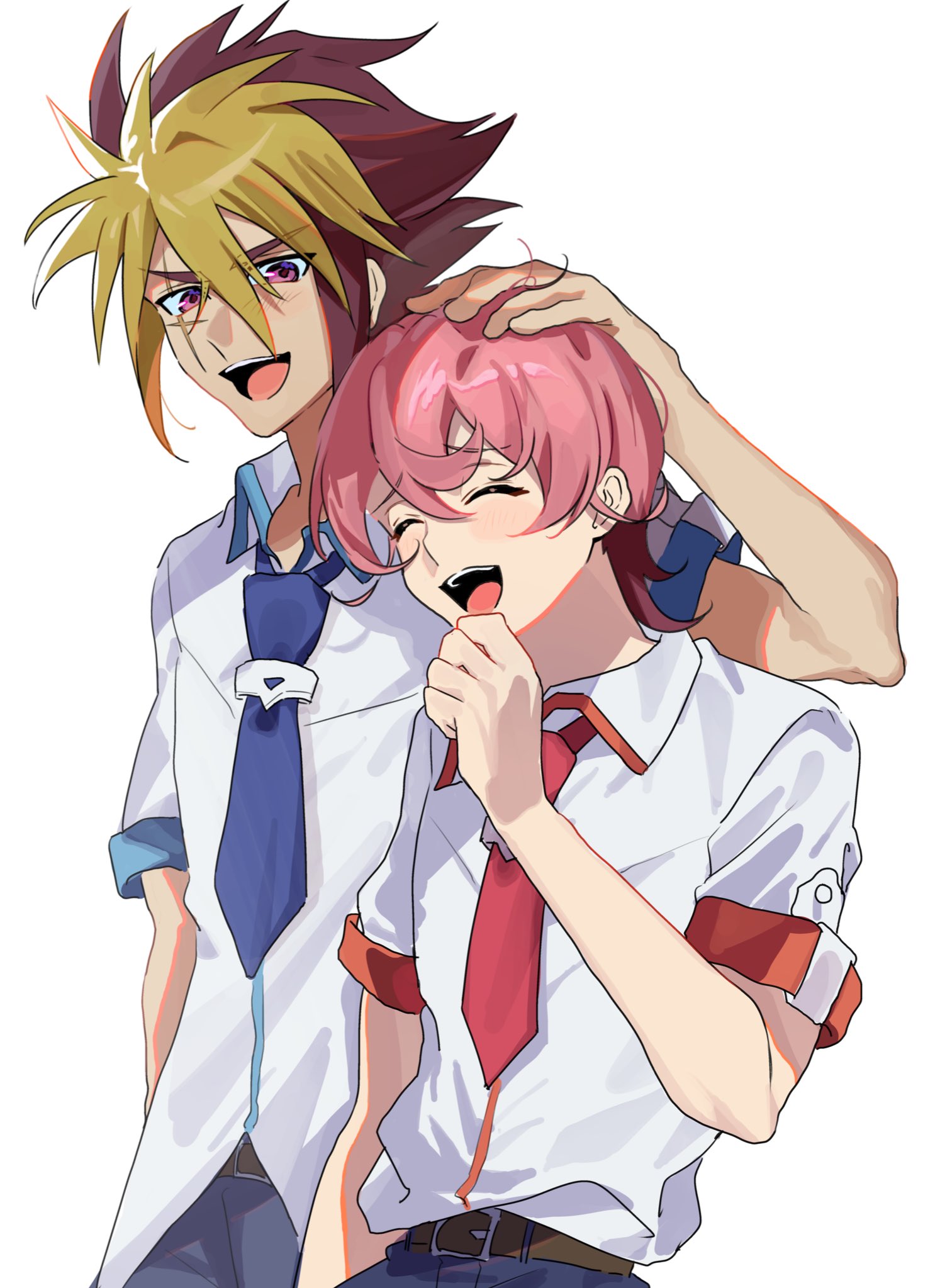 yu-gi-oh!, yu-gi-oh! zexal, character request, highres, 2boys, blonde hair, brown hair, male focus, multiple boys, pink hair, shirt, simple background, upper body, white background, white shirt, ynyanqx
