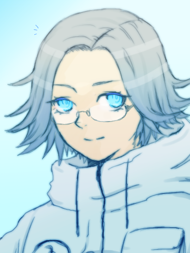 aotsuki eito, the hundred line -last defense academy-, commentary request, 1boy, blue background, blue eyes, closed mouth, drawstring, eyelashes, glasses, grey hair, high collar, jacket, male focus, notice lines, pikopikobon, pocket, portrait, short hair, smile, solo, white jacket