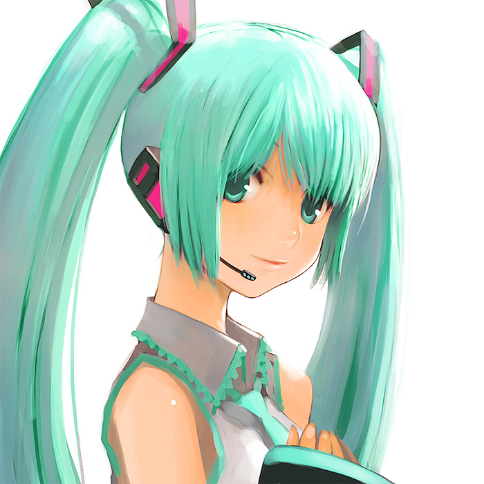 kamdia, hatsune miku, vocaloid, 1girl, detached sleeves, female focus, green eyes, green hair, hair ribbon, headset, long hair, matching hair/eyes, necktie, ribbon, simple background, sleeves past wrists, solo, twintails, very long hair