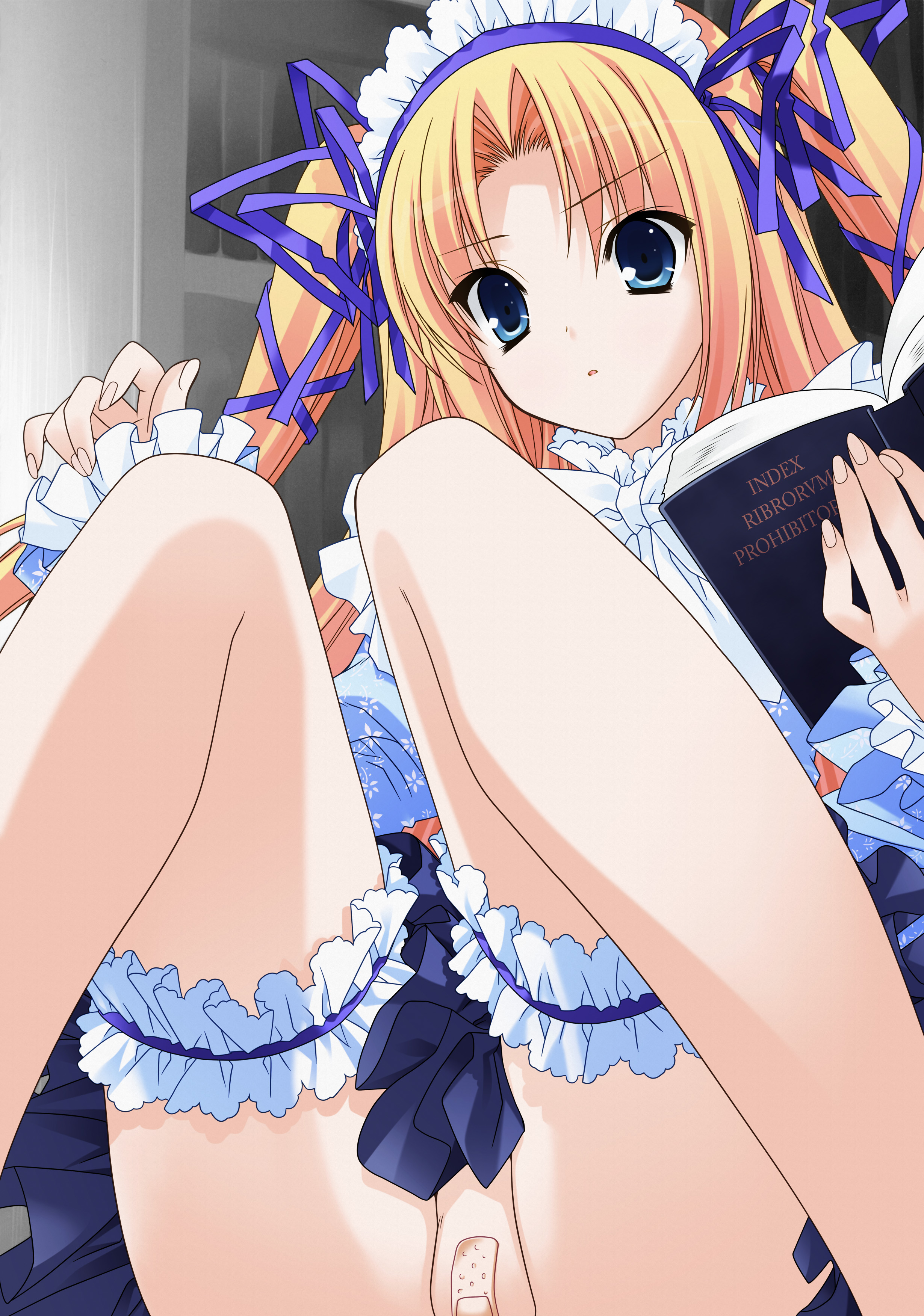 suzuhira hiro, momono shiori, momose shiori, 11eyes, absurdres, highres, jpeg artifacts, scan, scan artifacts, 00s, 1girl, bandaid, bandaid on pussy, blonde hair, blue eyes, bonnet, book, female focus, frilled thigh strap, frills, hair ribbon, latin text, legs, long hair, ranguage, ribbon, solo, thigh strap, thighhighs, thighs