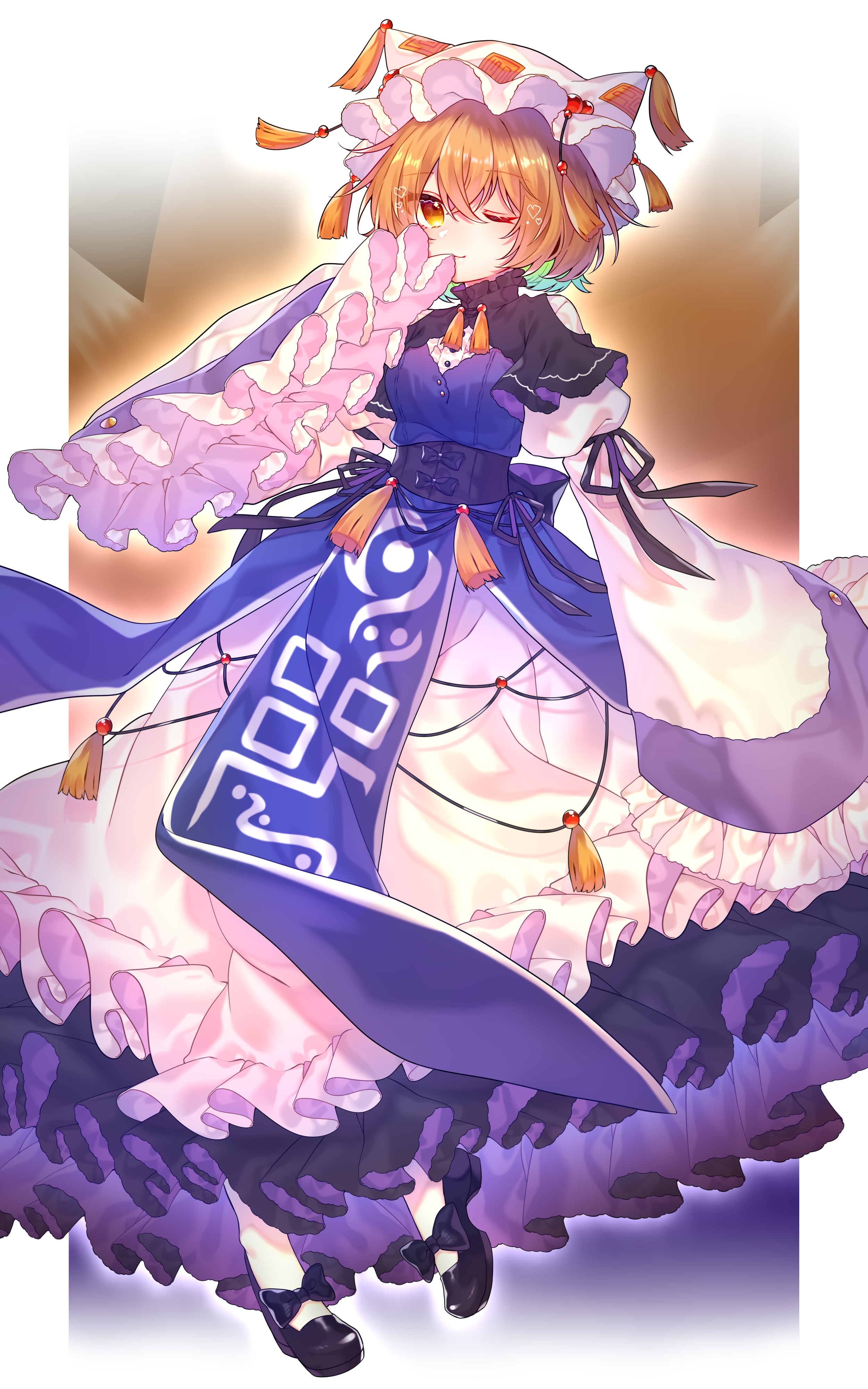 renka (sutegoma25), yakumo ran, touhou, absurdres, commentary request, highres, 1girl, adapted costume, animal hat, black corset, black shoes, blonde hair, corset, dress, fox tail, frilled sleeves, frills, hat, heart, kitsune, layered dress, long sleeves, looking at viewer, medium hair, mob cap, multiple tails, one eye closed, purple dress, shoes, sleeves past fingers, sleeves past wrists, solo, tail, tassel, white dress, wide sleeves, yellow eyes