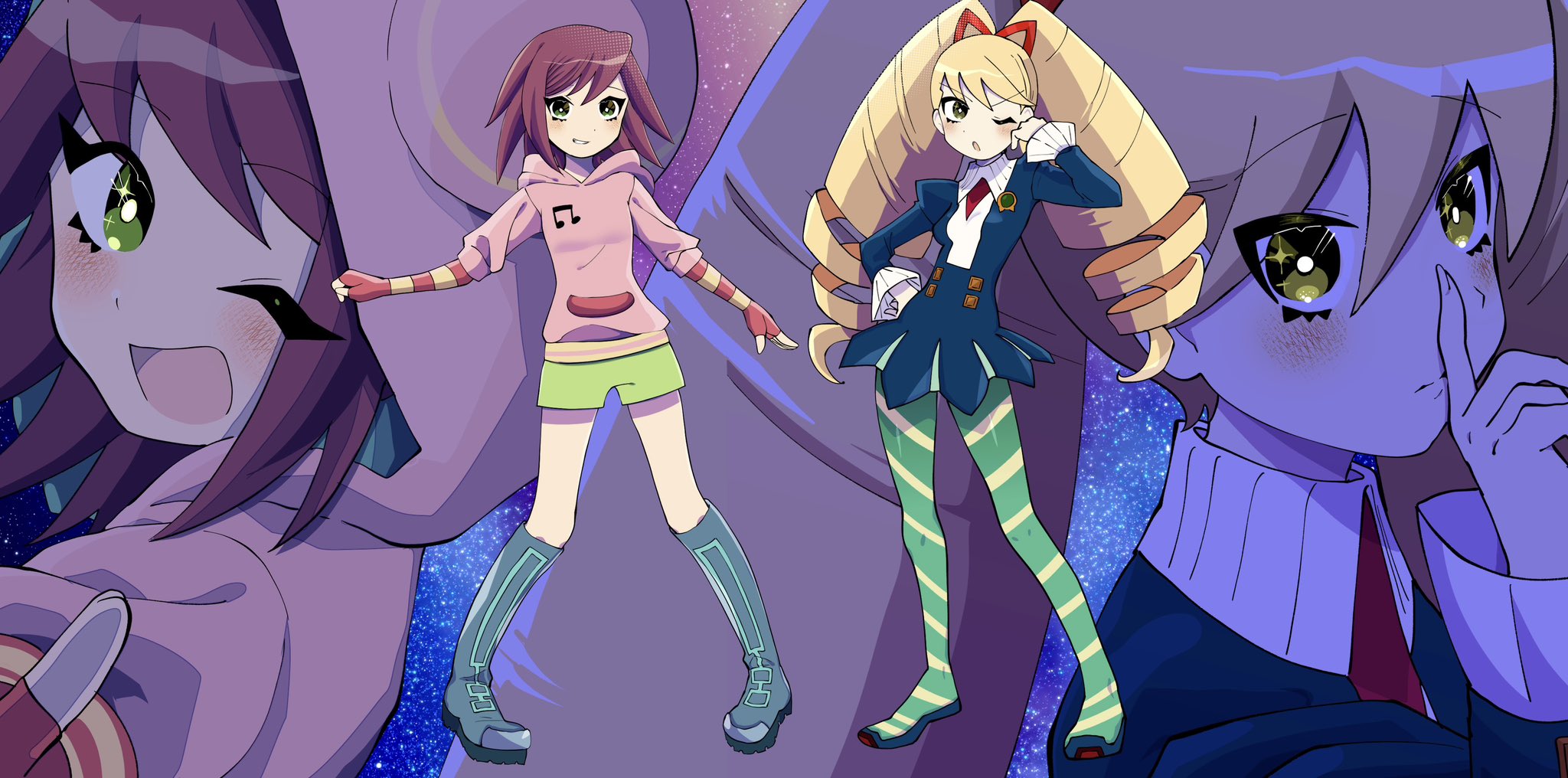 koshianpancake, luna platz (mega man), sonia strumm (mega man), mega man (series), mega man star force (series), commentary, highres, symbol-only commentary, 2girls, aqua boots, blonde hair, blue dress, boots, close-up, dress, drill hair, full body, green pantyhose, green shorts, hood, hood down, hood up, hoodie, long hair, multiple girls, multiple views, musical note, one eye closed, pantyhose, pink hoodie, red hair, short hair, shorts, star (sky), twin drills