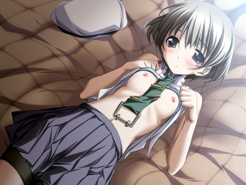 kurashima tomoyasu, fujisaki asahi, ashita no kimi to au tame ni, game cg, source request, 1girl, bed, bike shorts, breasts, clothes lift, female focus, flat chest, lying, necktie, nipples, shirt lift, skirt, solo