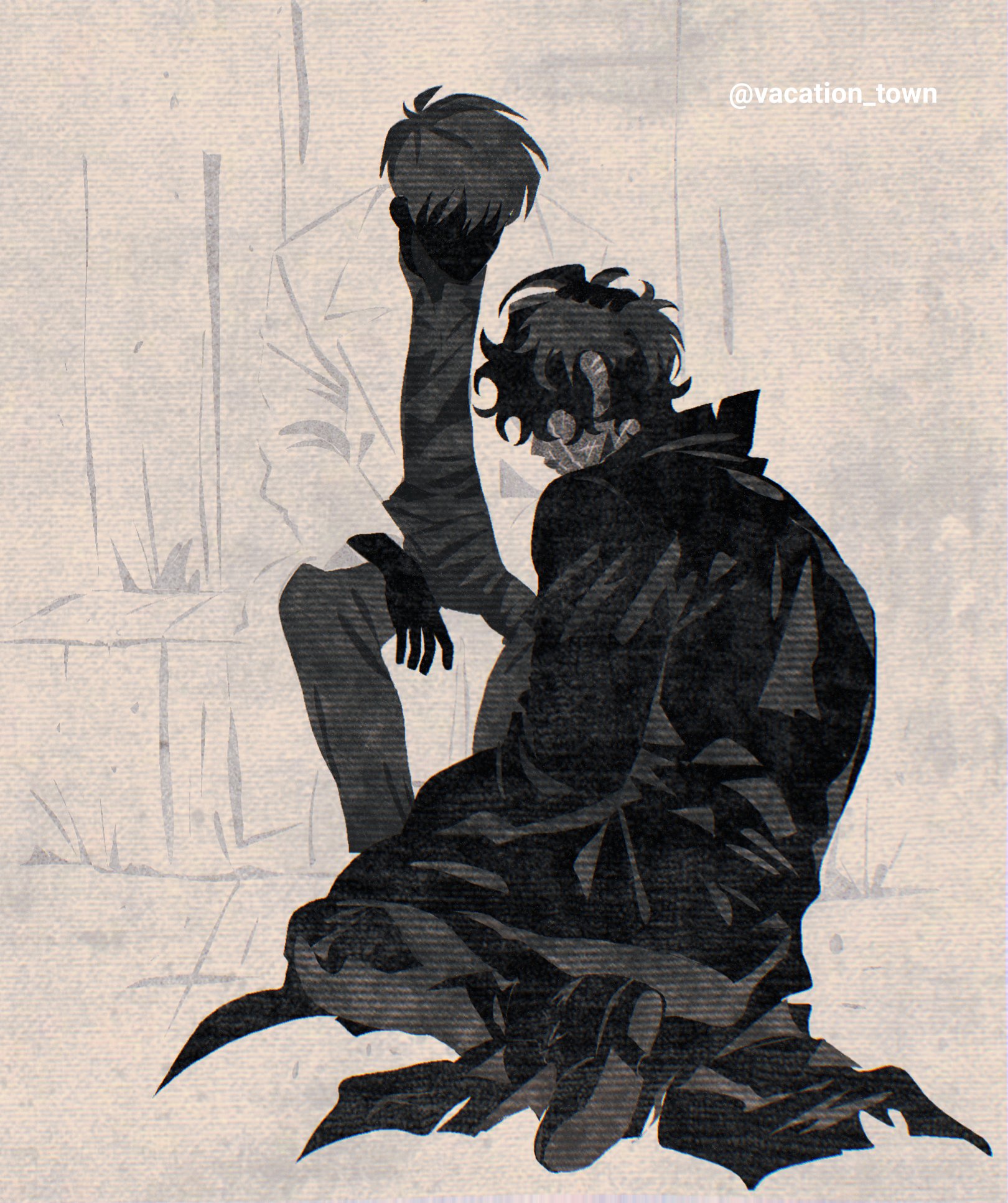 kim dokja, yoo joonghyuk, omniscient reader's viewpoint, highres, 2boys, black coat, black hair, coat, faceless, facing another, full body, hands on lap, head down, limited palette, male focus, multiple boys, popped collar, scar, scar on face, seiza, short hair, sitting, vacation town, white coat