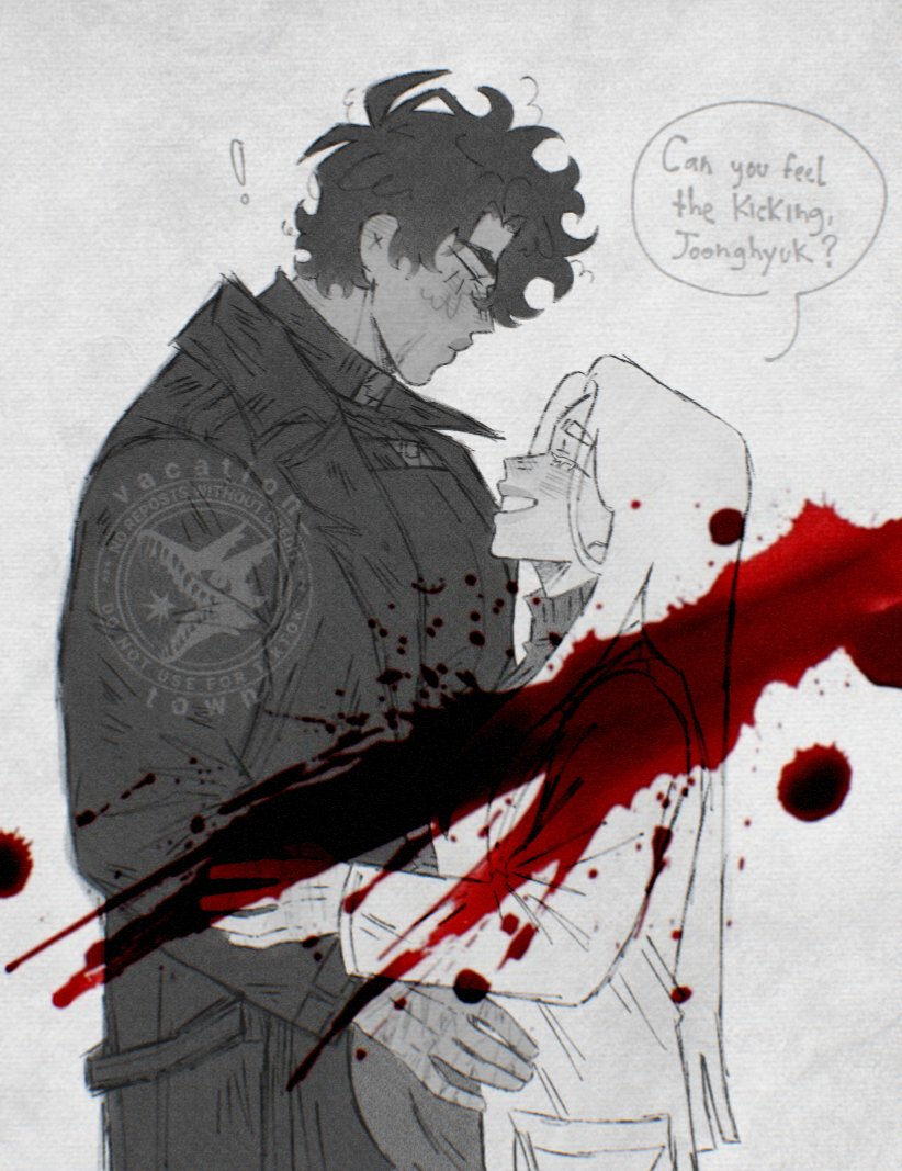 lee seolhwa, yoo joonghyuk, omniscient reader's viewpoint, !, 1boy, 1girl, black coat, black hair, black shirt, blood, blood splatter, coat, grin, height difference, hetero, hug, limited palette, long hair, looking at another, open clothes, open coat, popped collar, pregnant, scar, scar on face, scar on hand, shirt, short hair, smile, speech bubble, spot color, turtleneck, vacation town, very long hair, white hair