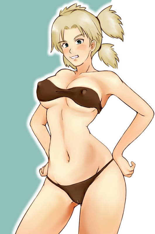 momo 765, rirakukan, temari (naruto), naruto (classic), naruto (series), 1girl, armpits, bikini, blonde hair, breasts, cameltoe, covered erect nipples, female focus, large breasts, quad tails, solo, swimsuit