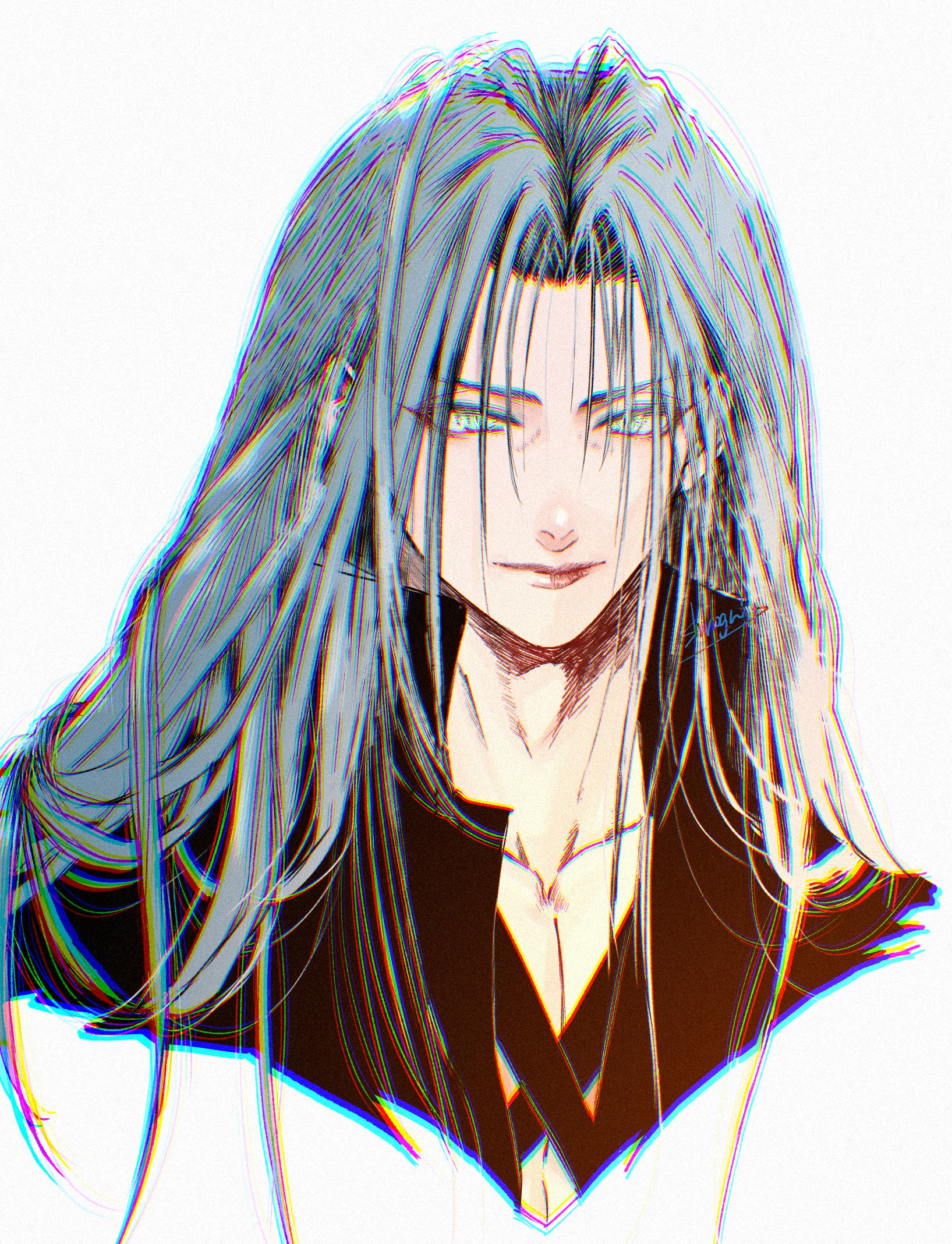 shinogu r, sephiroth, final fantasy, final fantasy vii, final fantasy vii ever crisis, highres, 1boy, black coat, chest strap, closed mouth, coat, cropped torso, green eyes, grey hair, hair over shoulder, lips, long hair, looking at viewer, male focus, parted bangs, pink lips, portrait, solo, upper body, white background
