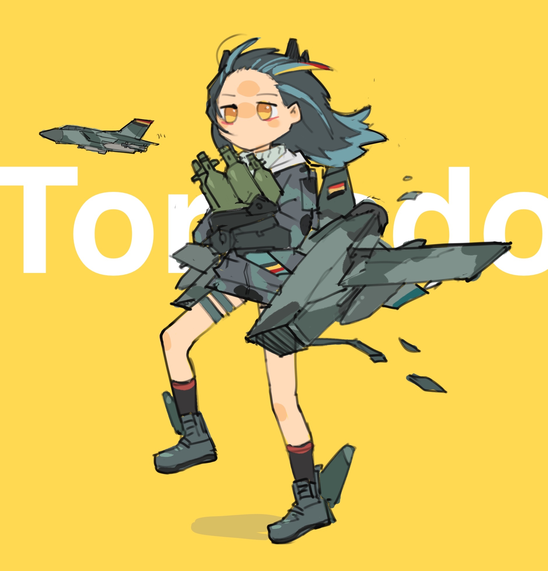 frider, kyoufuu all back (vocaloid), war thunder, 1girl, aircraft, airplane, bomb, explosive, mecha girl, multicolored hair, panavia tornado (aircraft), personification, precision-guided munition, text background, yellow background, yellow eyes