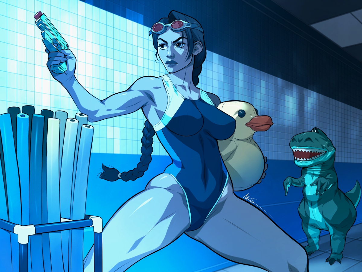 exmile, lara croft, tomb raider, 1girl, braid, braided ponytail, breasts, brown eyes, brown hair, cleavage, collarbone, covered navel, dinosaur costume, lips, long hair, medium breasts, one-piece swimsuit, parted hair, poolside, rubber duck, single braid, solo, spread legs, swimsuit, thick thighs, thighs, toned, water gun