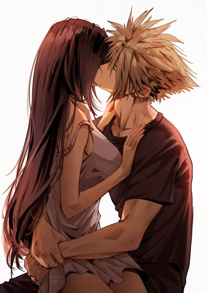 safaia, cloud strife, tifa lockhart, final fantasy, final fantasy vii, commentary, symbol-only commentary, 1boy, 1girl, alternate costume, bare arms, bare shoulders, black hair, black skirt, blonde hair, breasts, casual, closed eyes, collarbone, couple, cowboy shot, dress, from side, hands on another's chest, hetero, hug, kiss, large breasts, long hair, profile, short sleeves, sitting, sitting on person, skirt, spiked hair, strap slip, white background, white dress