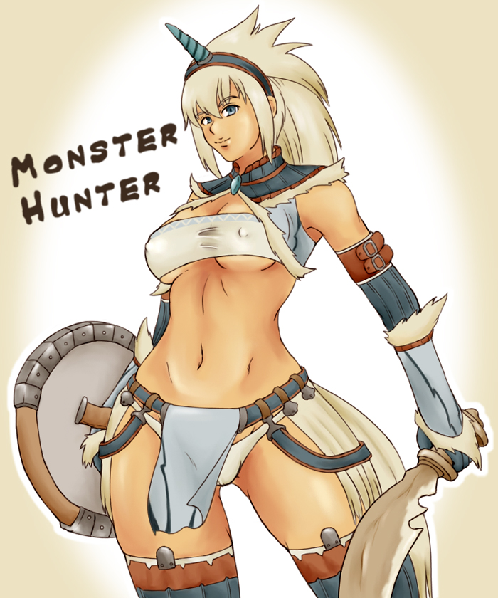 momo 765, rirakukan, capcom, monster hunter (series), 1girl, bandeau, blue eyes, breasts, covered erect nipples, elbow gloves, female focus, gloves, hairband, horns, kirin (armor), loincloth, medium breasts, midriff, panties, shield, single horn, solo, strapless, sword, thighhighs, tube top, underwear, weapon